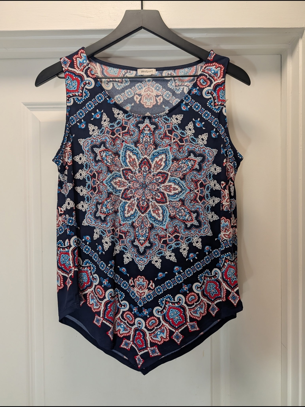Westport Navy Blue Medallion Print Tank Top Rhinestone